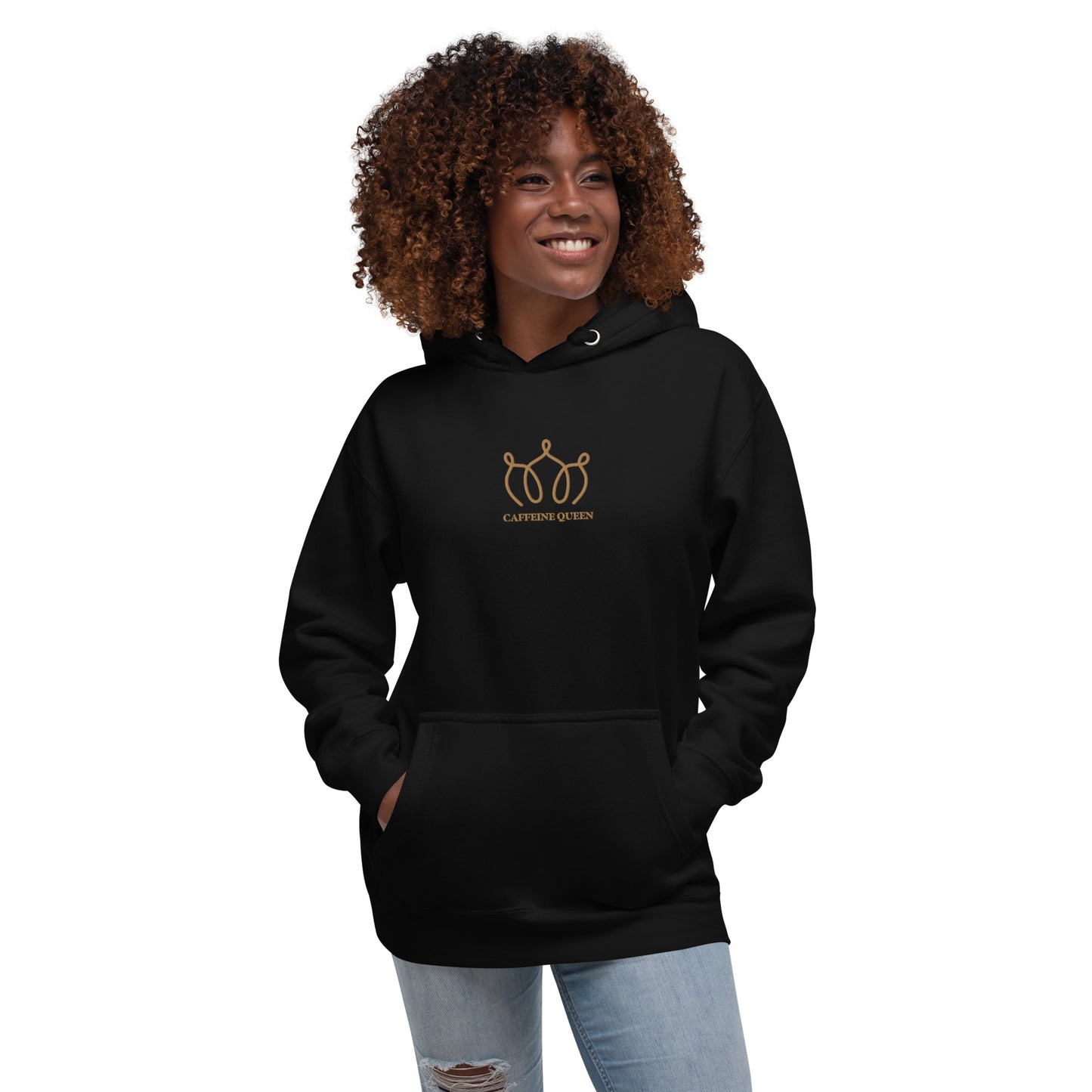 Woman wearing a black hoodie with an embroidered crown and Caffeine Queen text on the front.