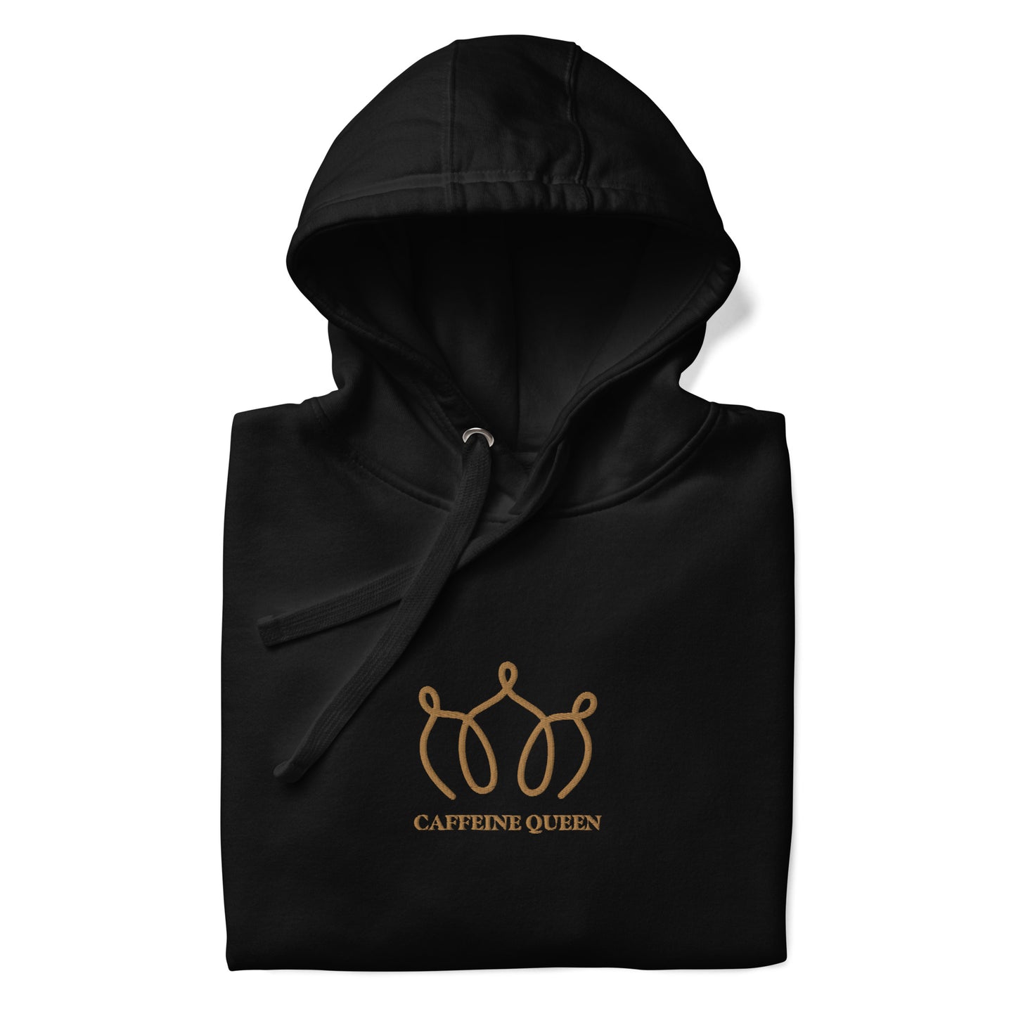 Close up of a folded black hoodie with an embroidered crown and Caffeine Queen text on the front.
