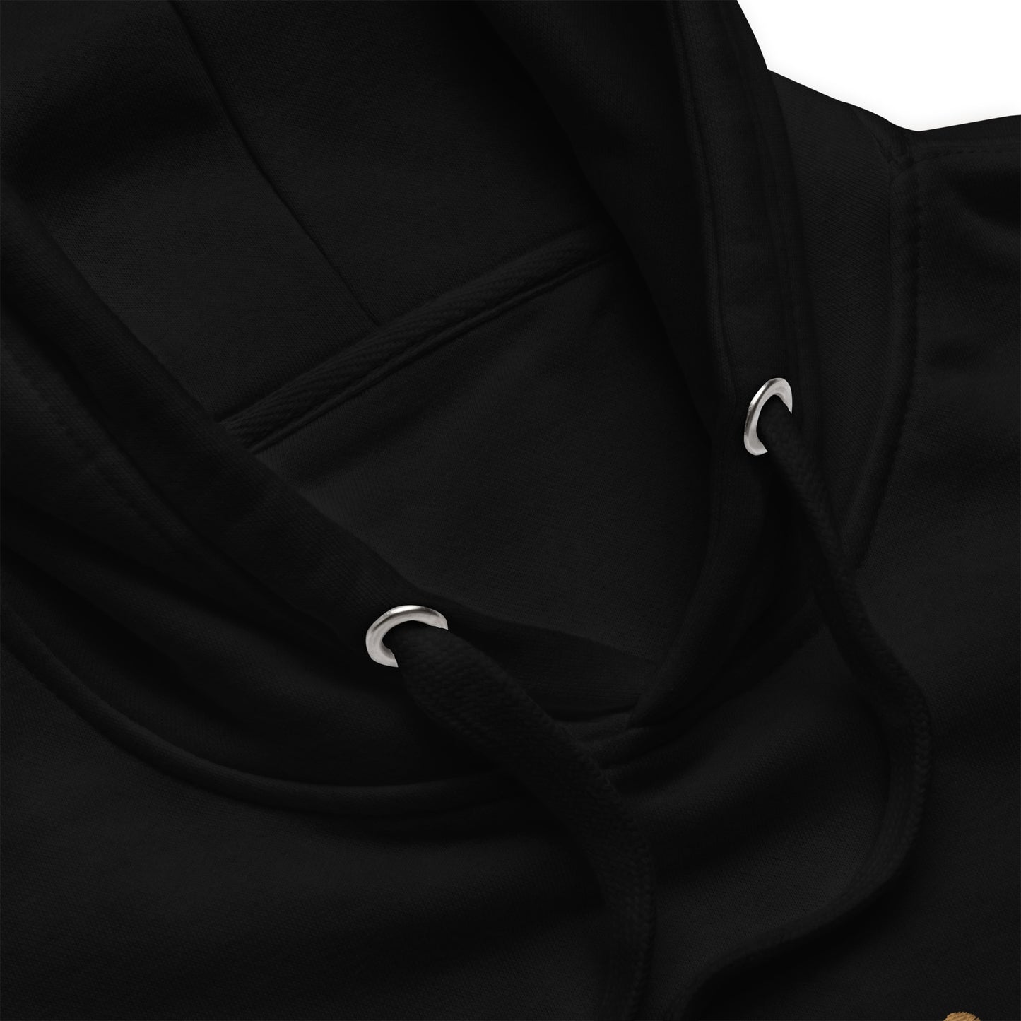 Close up of a black hoodie's string and grommet details.