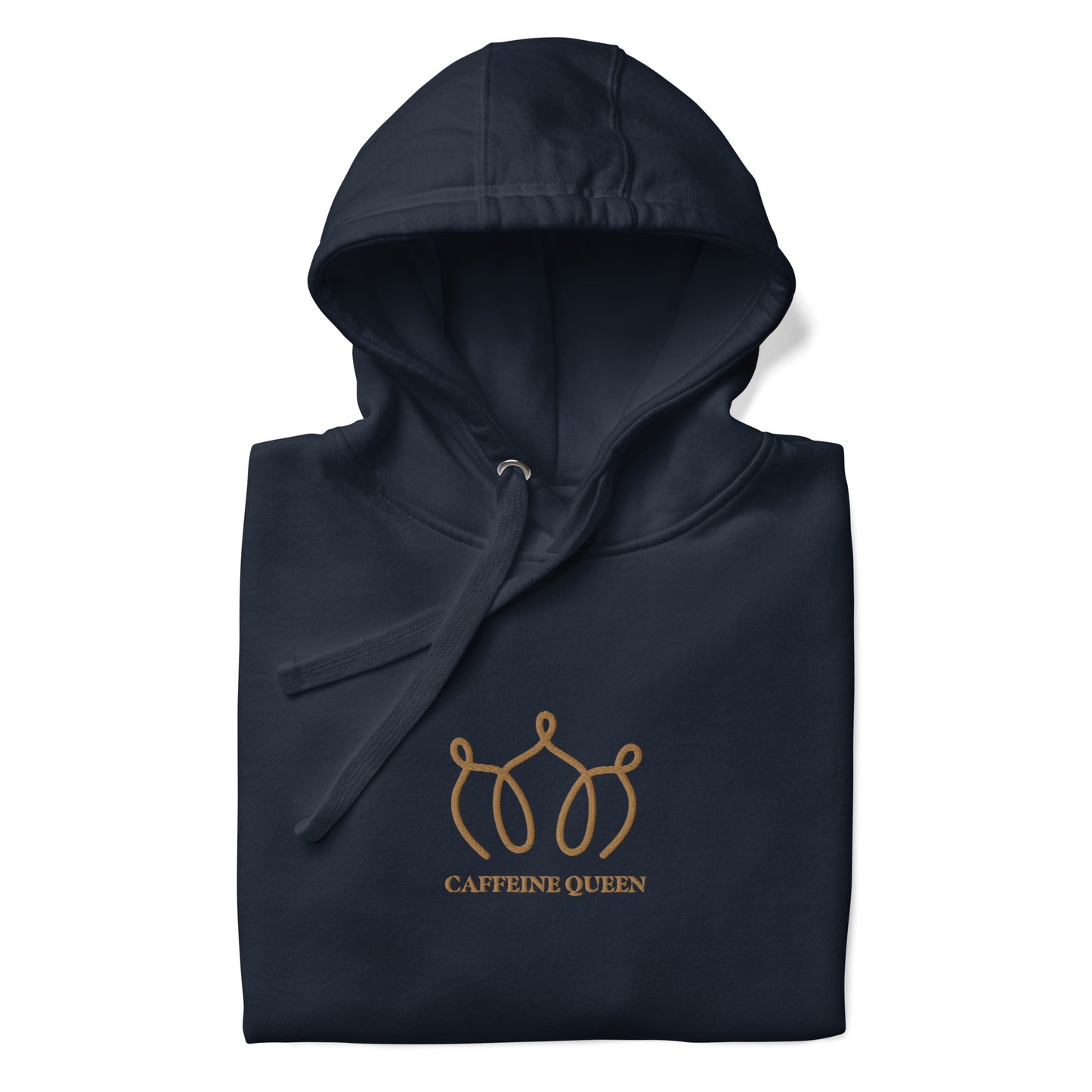 Close up of a folded navy blazer hoodie with an embroidered crown and Caffeine Queen text on the front.