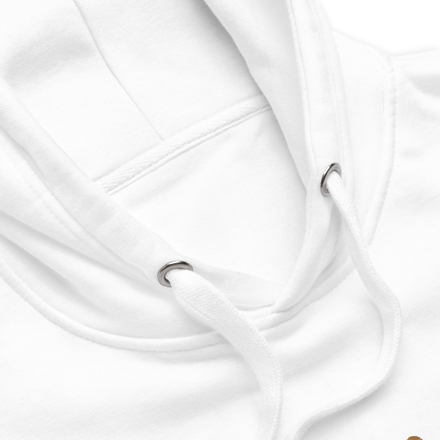 Close up of a white hoodie's string and grommet details.