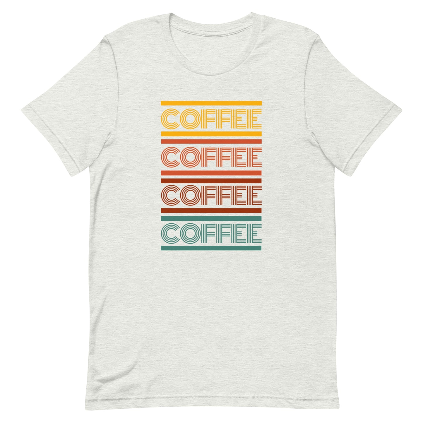 An ash colored coffee t-shirt that has the words coffee repeated in a retro inspired font.