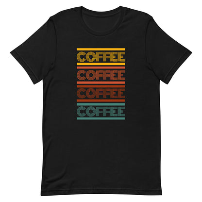 A black coffee t-shirt that has the words coffee repeated in a retro inspired font.