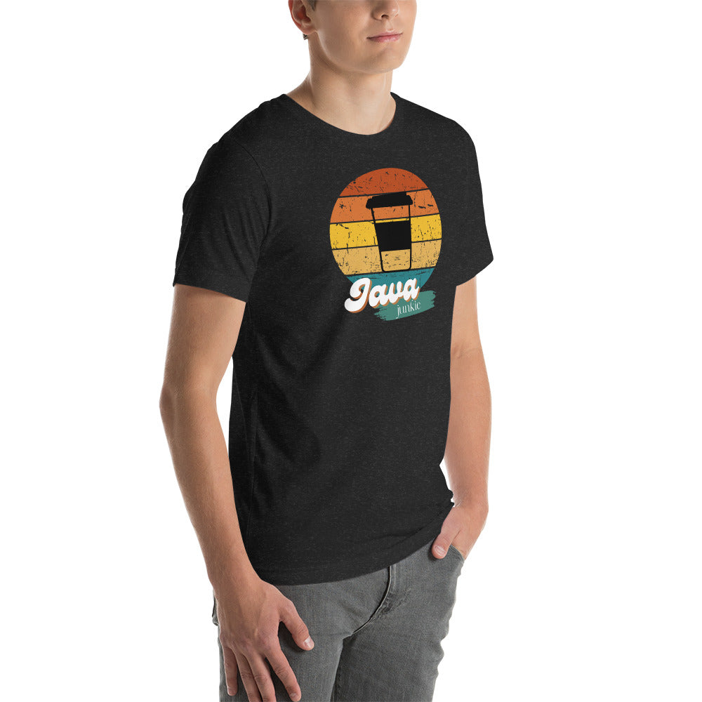 young male wearing a black t-shirt with a retro java junkie graphic design