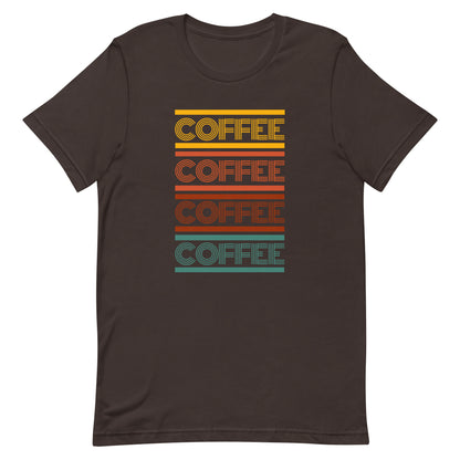 A brown coffee t-shirt that has the words coffee repeated in a retro inspired font.