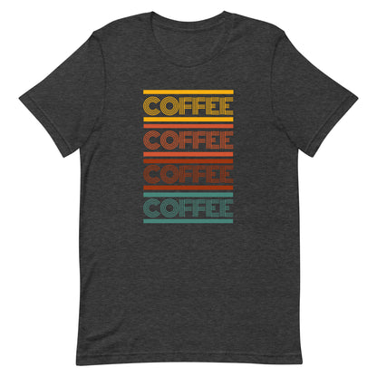A dark heather grey coffee t-shirt that has the words coffee repeated in a retro inspired font.