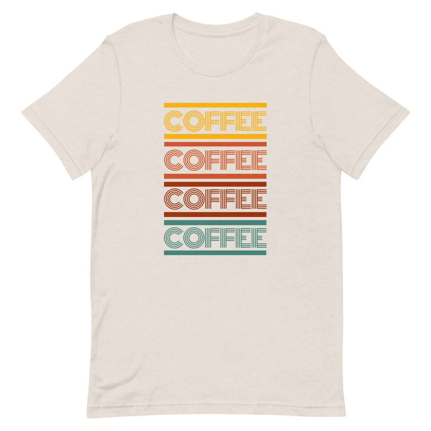 A heather dust coffee t-shirt that has the words coffee repeated in a retro inspired font.