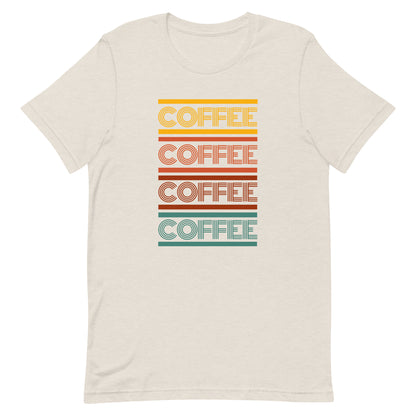 A heather dust coffee t-shirt that has the words coffee repeated in a retro inspired font.