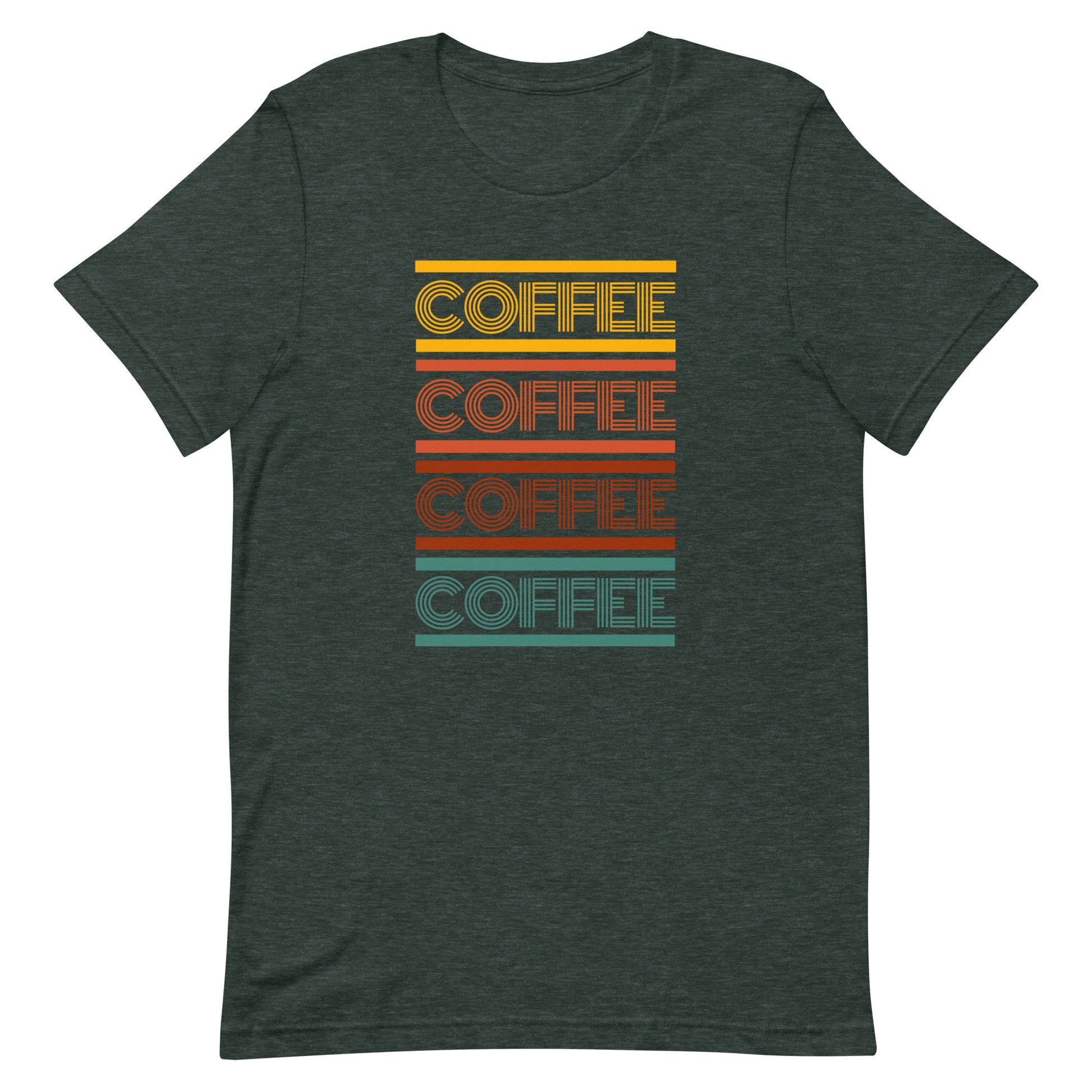 A heather forest green coffee t-shirt that has the words coffee repeated in a retro inspired font.