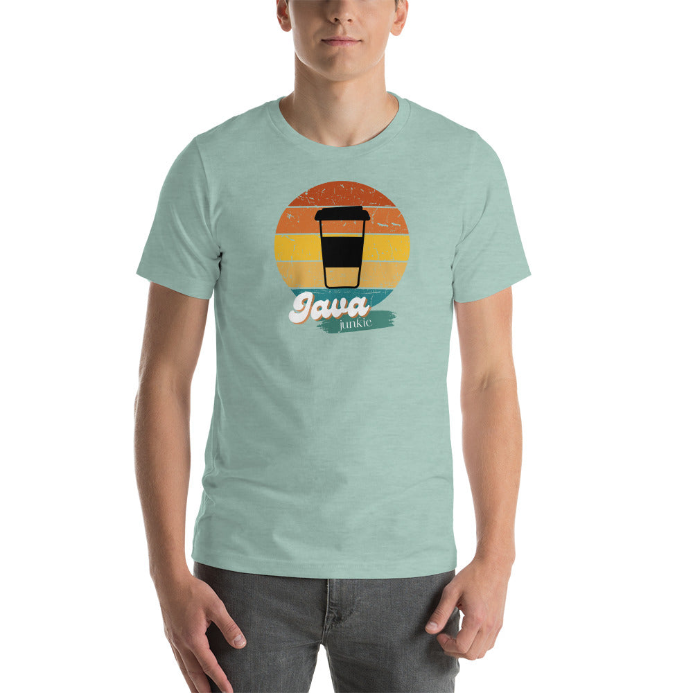 young male wearing a heather prism dusty blue t-shirt with a retro java junkie graphic design