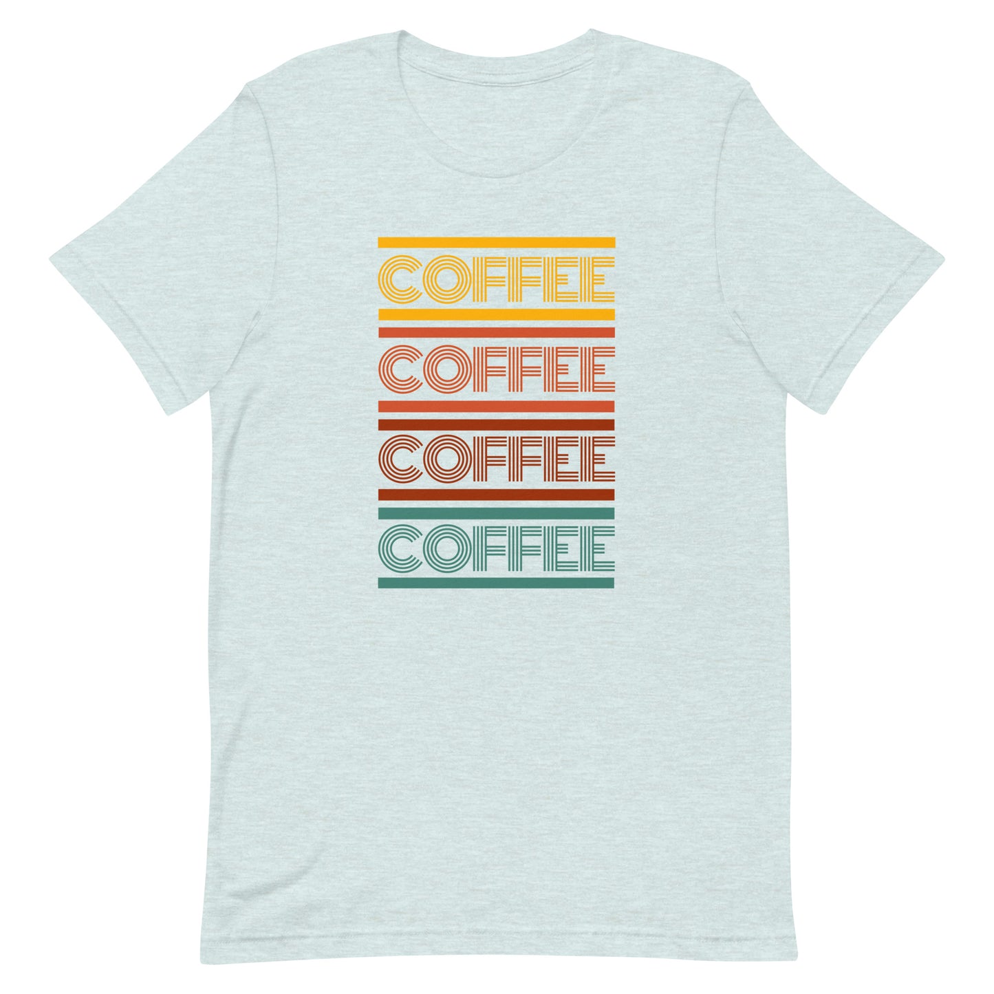 A heather prism ice blue coffee t-shirt that has the words coffee repeated in a retro inspired font.