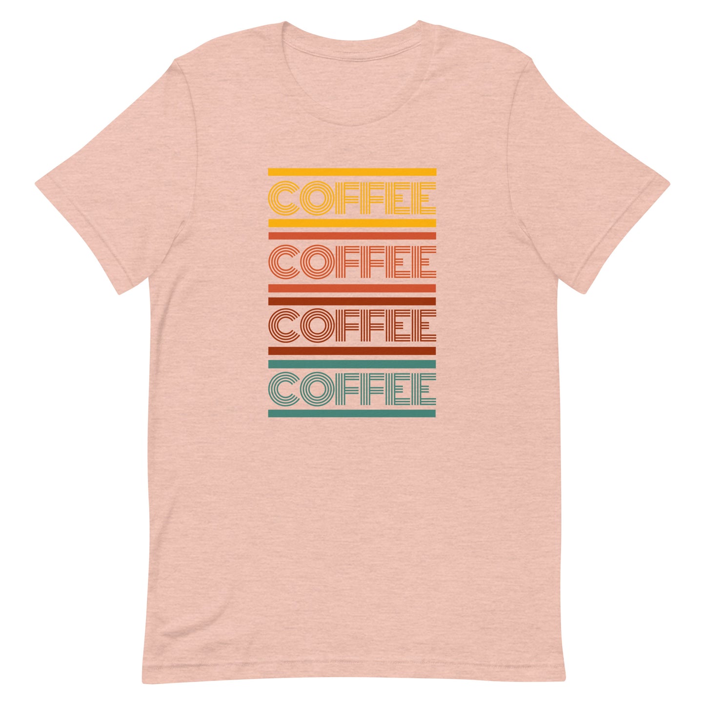 A heather prism peach coffee t-shirt that has the words coffee repeated in a retro inspired font.