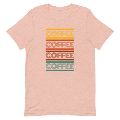 A heather prism peach coffee t-shirt that has the words coffee repeated in a retro inspired font.