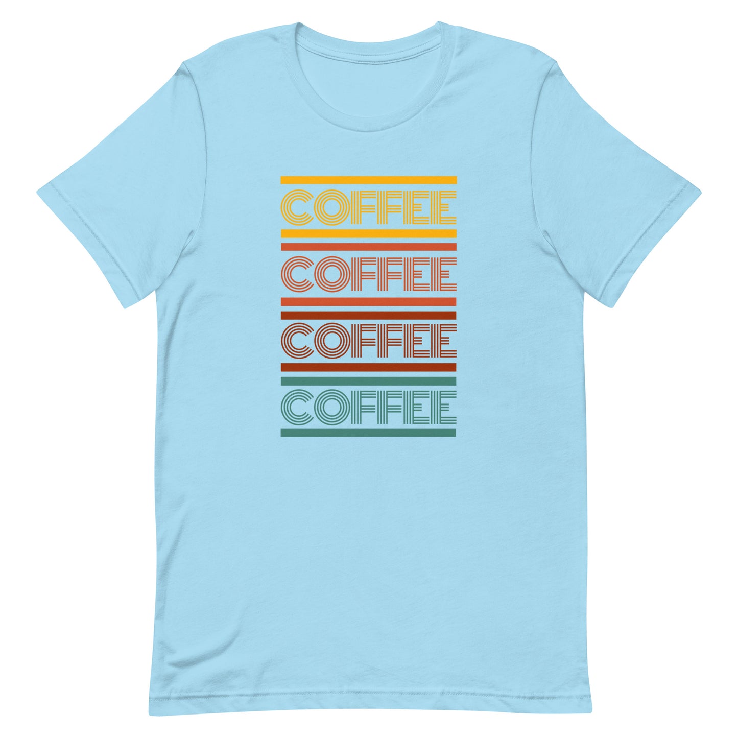 An ocean blue coffee t-shirt that has the words coffee repeated in a retro inspired font.
