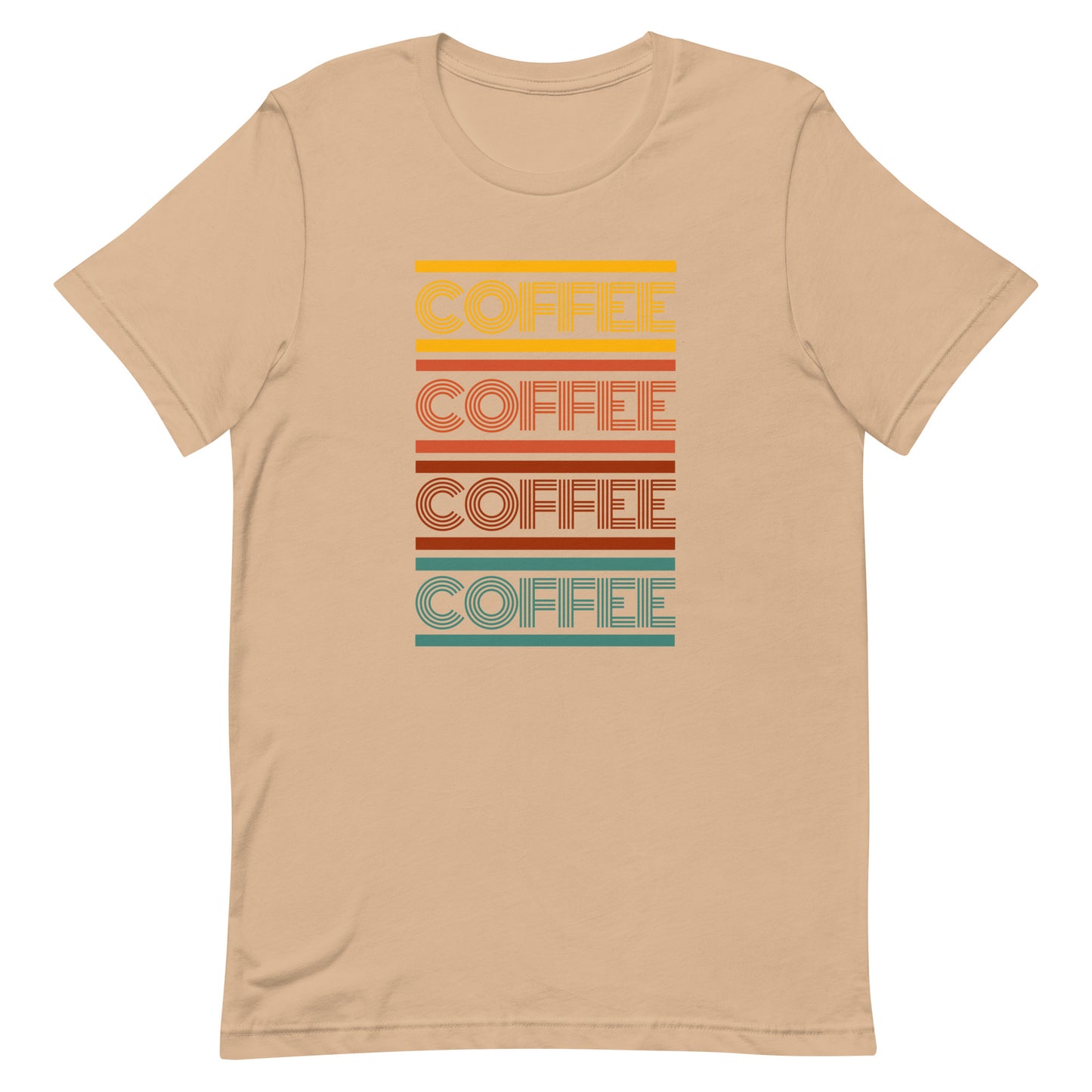 A tan coffee t-shirt that has the words coffee repeated in a retro inspired font.