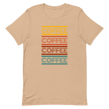 A tan coffee t-shirt that has the words coffee repeated in a retro inspired font.