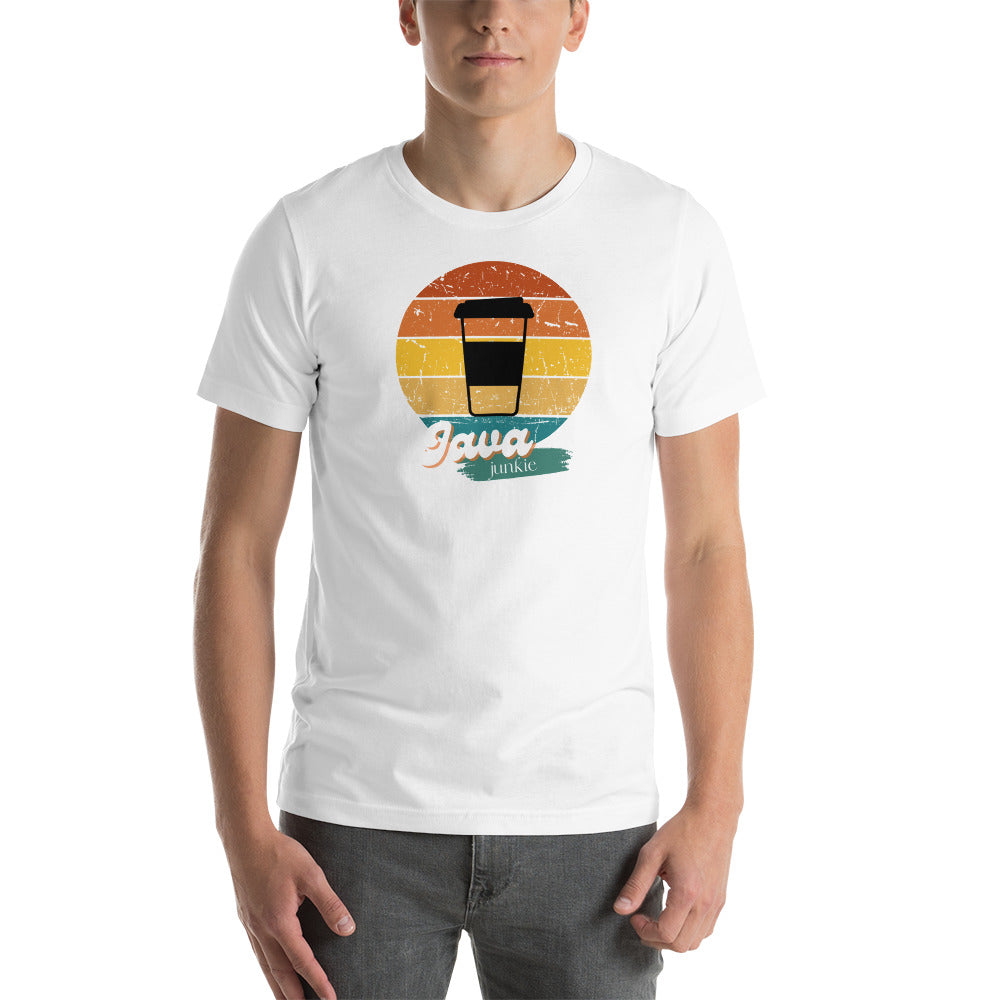 young male wearing a white t-shirt with a retro java junkie graphic design