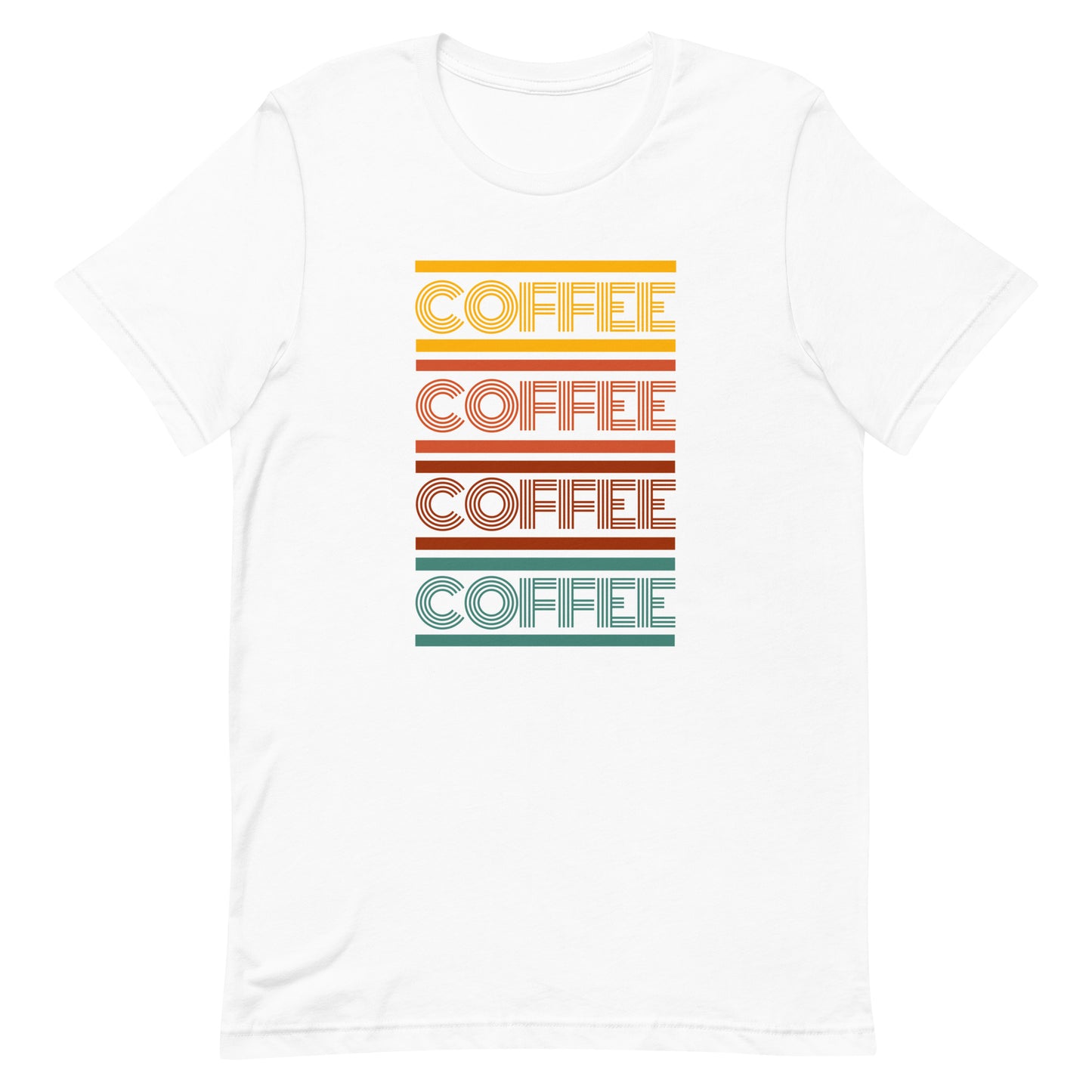 A white coffee t-shirt that has the words coffee repeated in a retro inspired font.