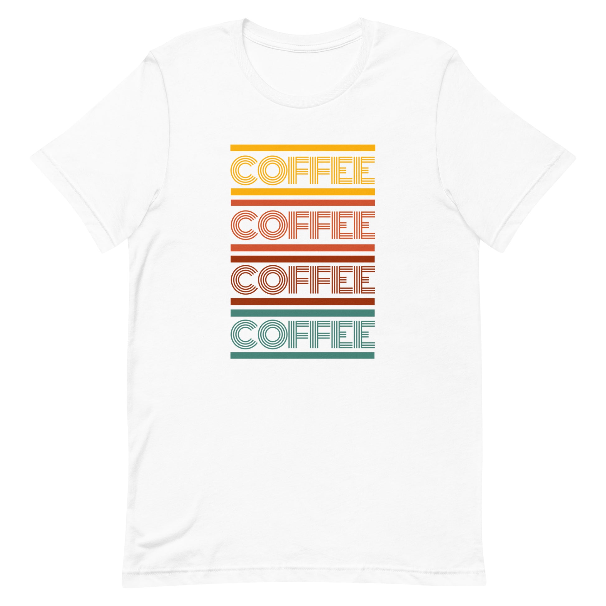 A white coffee t-shirt that has the words coffee repeated in a retro inspired font.