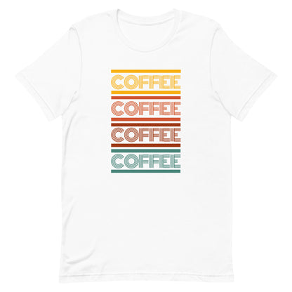 A white coffee t-shirt that has the words coffee repeated in a retro inspired font.