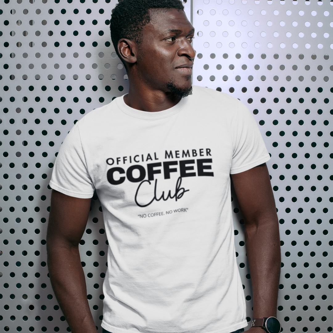 Man wearing a white Official Member Coffee Club T-Shirt