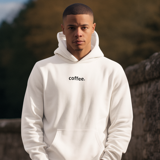 Man wearing a white "coffee." hoodie