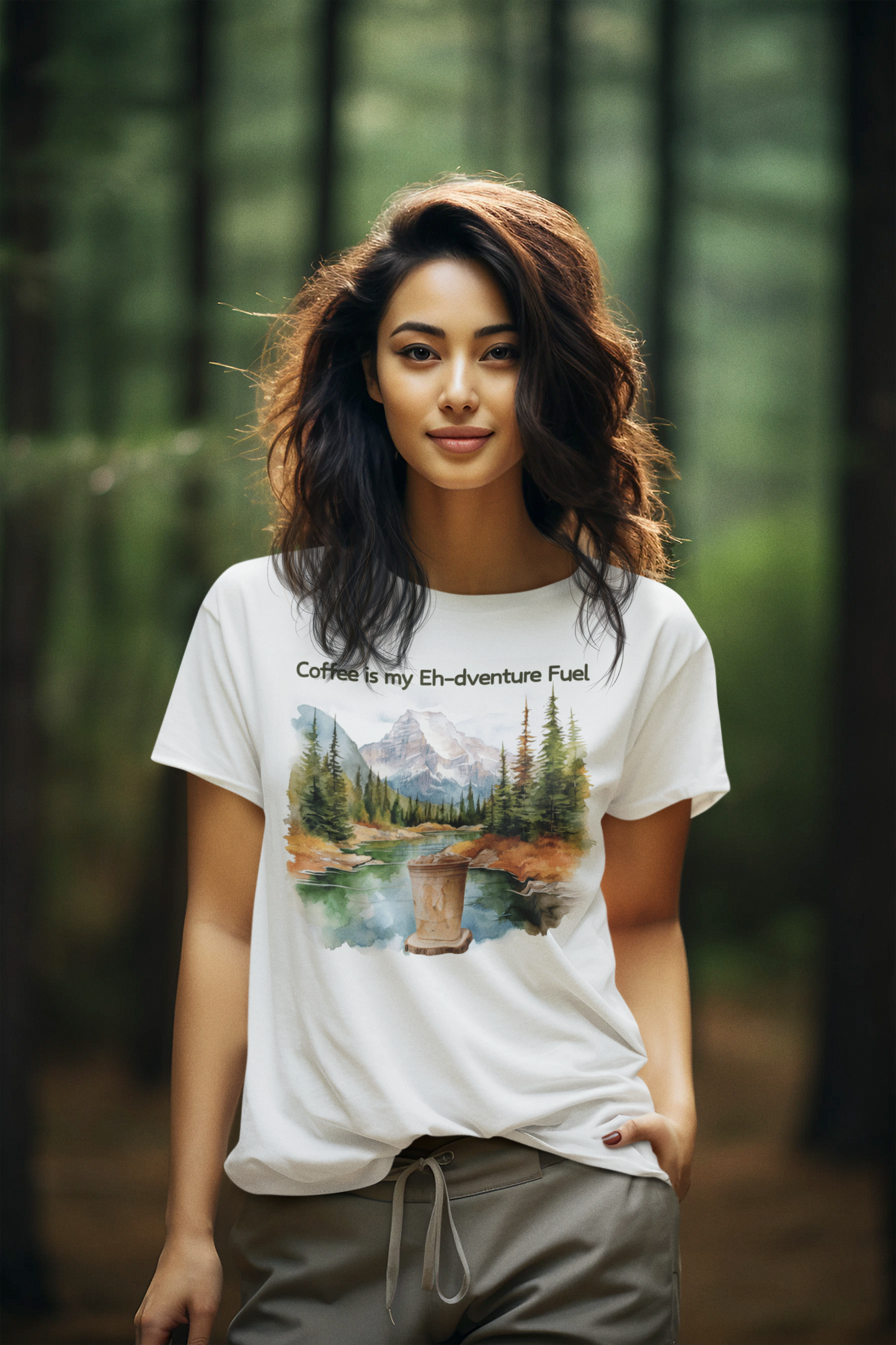 Smiling woman wearing a Coffee is my Eh-dventure Fuel t-shirt.