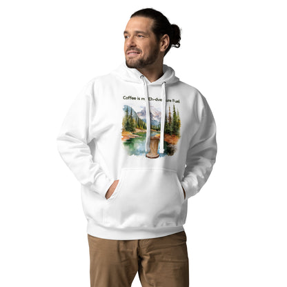 Smiling man wearing a Coffee is my Eh-dventure Fuel hoodie