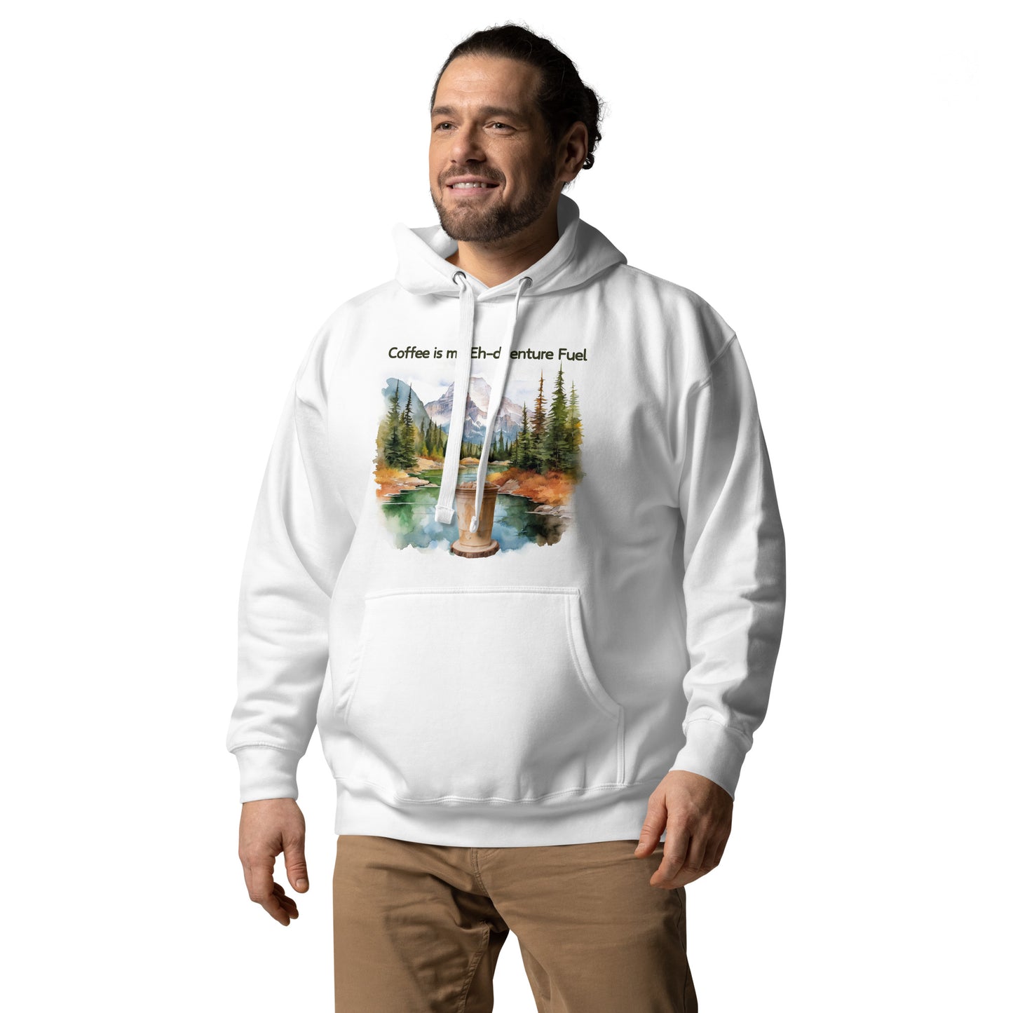 Smiling man wearing a Coffee is my Eh-dventure Fuel hoodie.