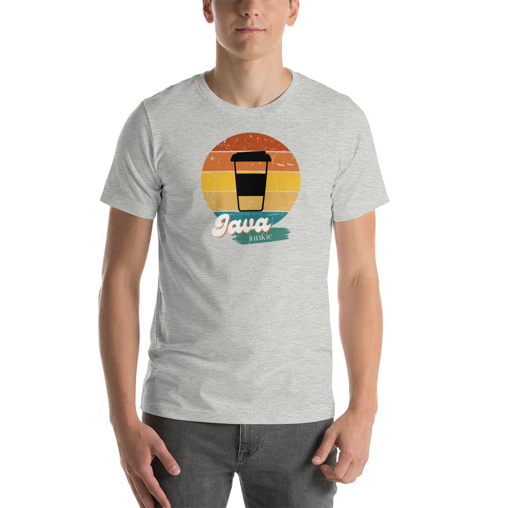 young male wearing an athletic grey  t-shirt with a retro java junkie graphic design