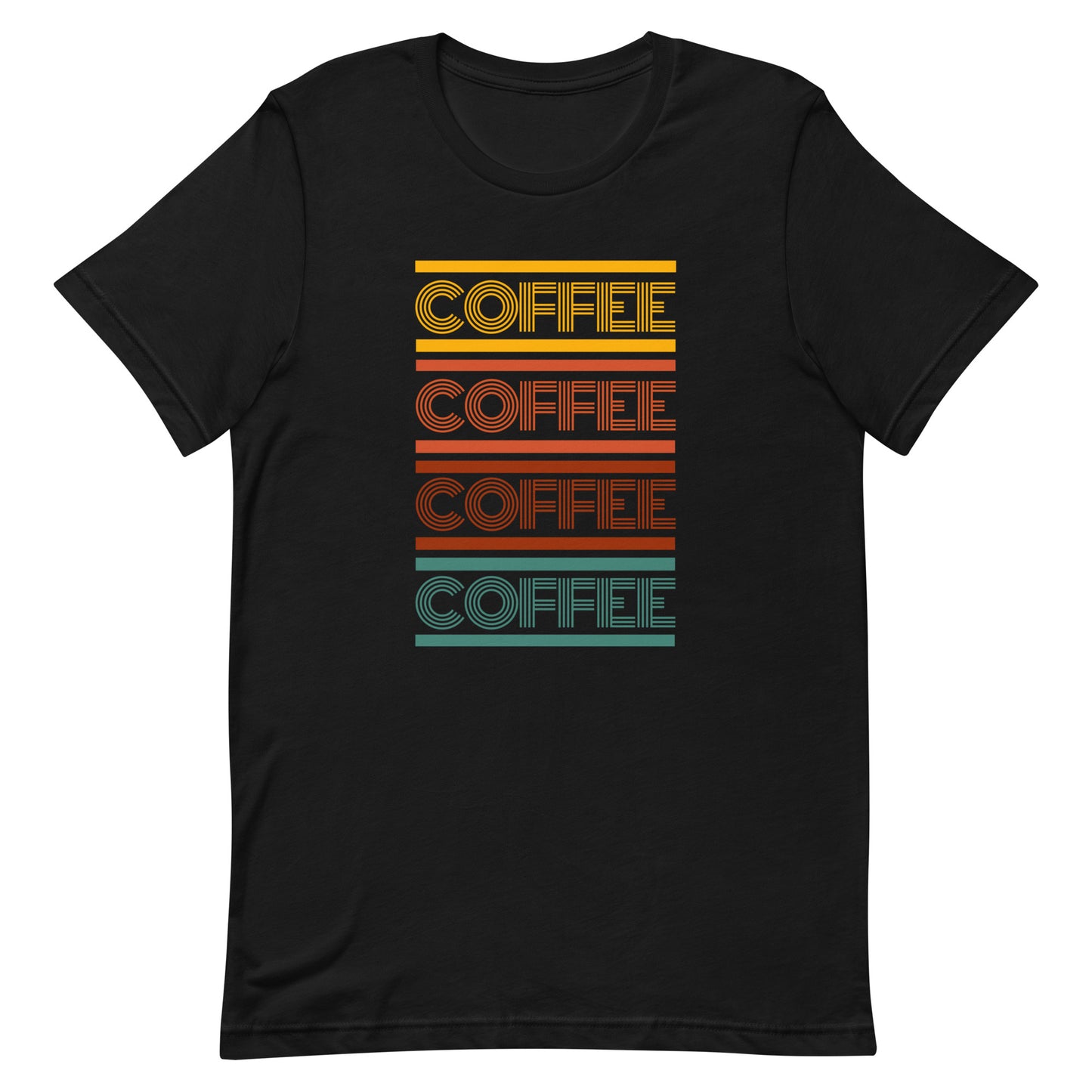 A black coffee t-shirt that has the words coffee repeated in a retro inspired font.