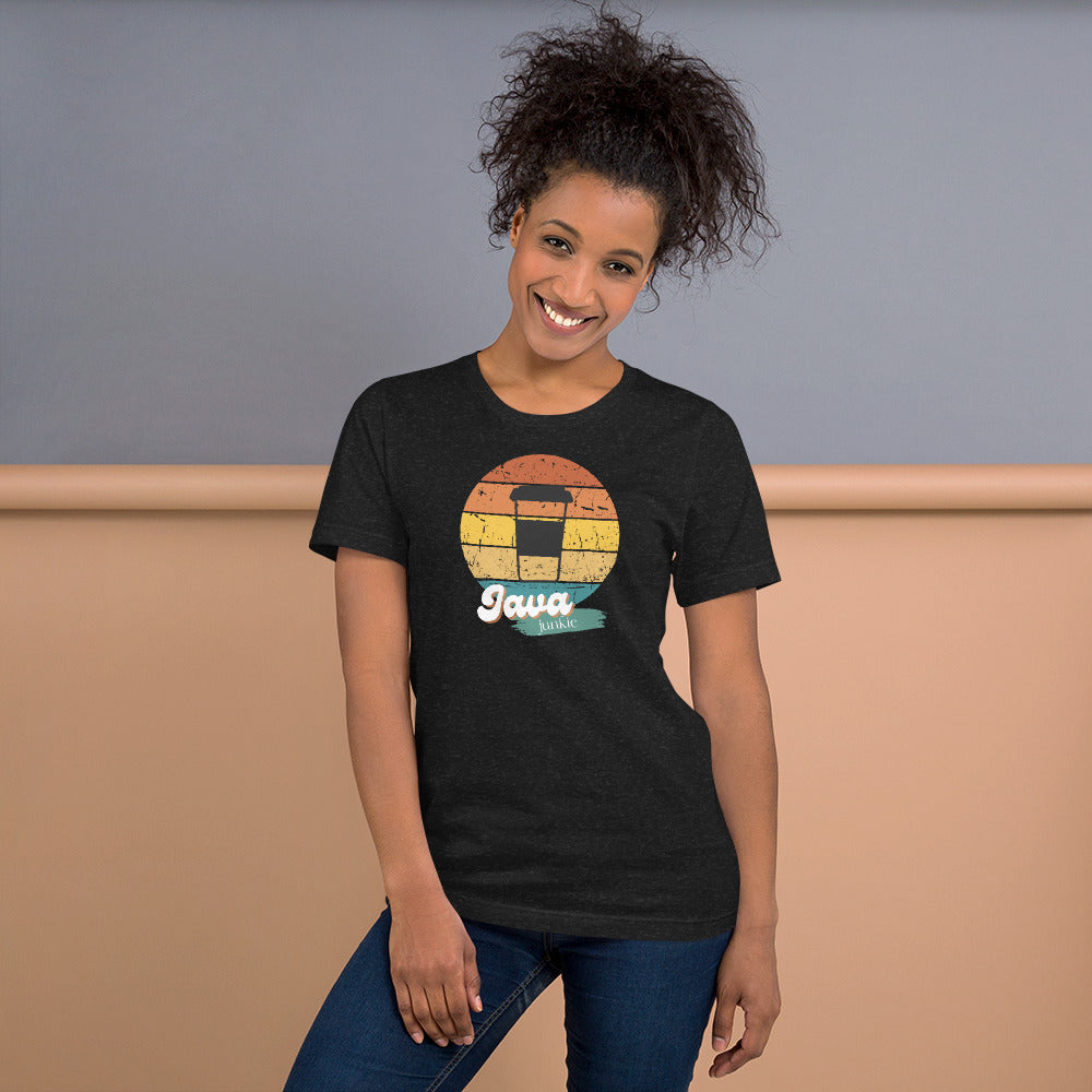 Smiling woman wearing a black t-shirt with a retro java junkie graphic design