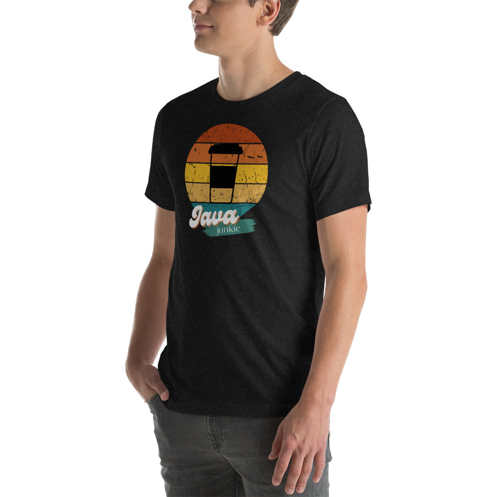 young male wearing a black t-shirt with a retro java junkie graphic design