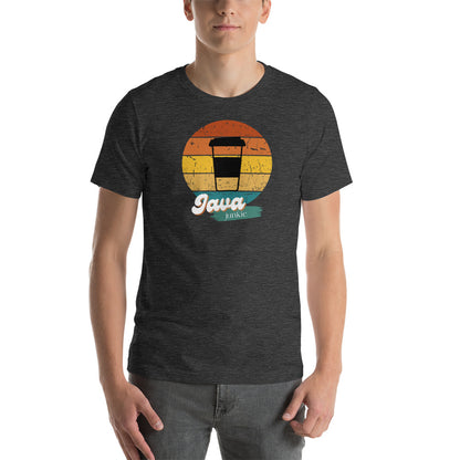 young male wearing a dark heather grey t-shirt with a retro java junkie graphic design
