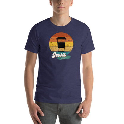 young male wearing a midnight navy t-shirt with a retro java junkie graphic design