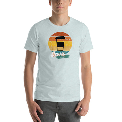 young male wearing a heather prism ice blue t-shirt with a retro java junkie graphic design