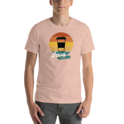 young male wearing a heather prism peach t-shirt with a retro java junkie graphic design