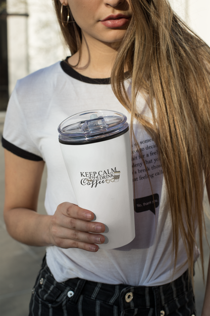 Keep Calm and Drink Coffee sticker on a white travel cup held by a beautiful woman