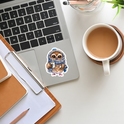 Sticker of a Chibi style owl wearing a winter hat and scarf holding a hot coffee. The sticker is on a laptop sitting beside a coffee.
